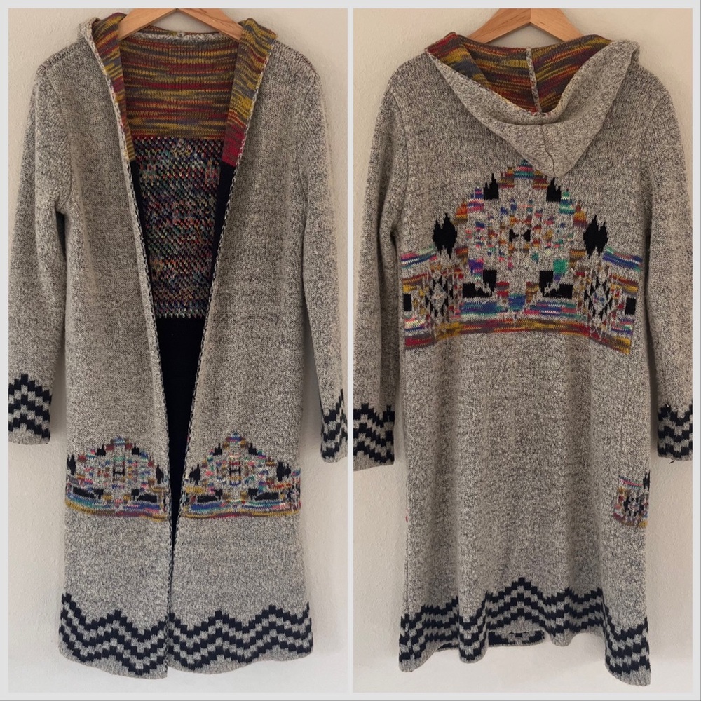 Gray Hooded Cardigan with Multicolor Accents
